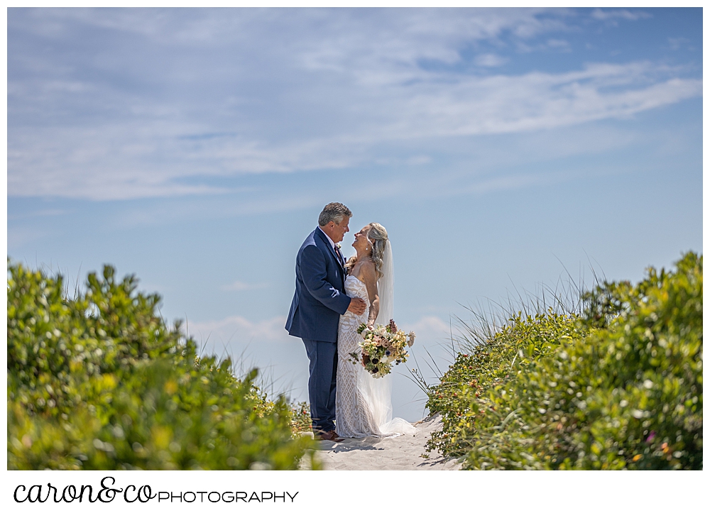 bride and groom standing together on the beach, between the beach roses