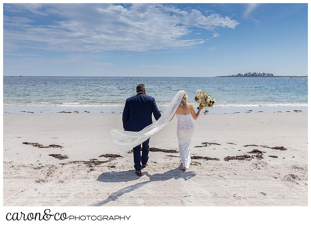 bride and groom walking on the beach, toward the water