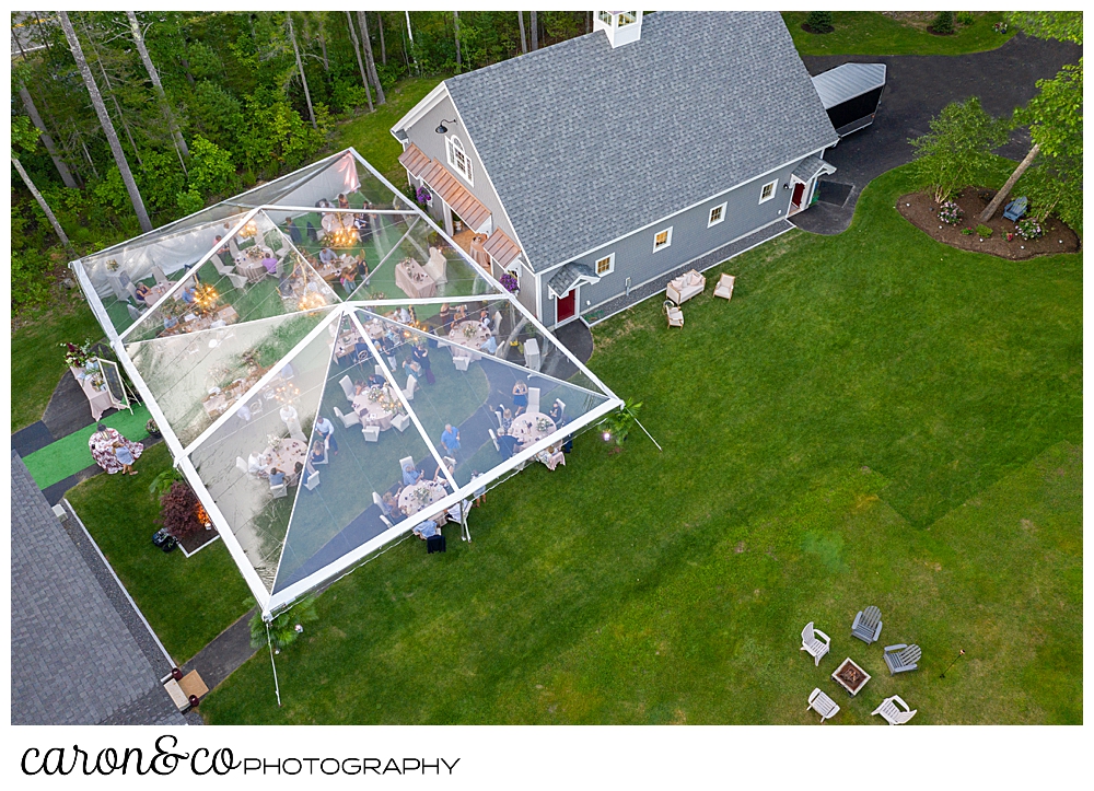 Maine drone wedding photo of a  Scarborough Maine wedding with a clear tent