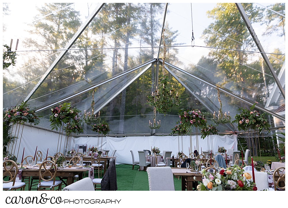 clear tented backyard reception at Scarborough Maine wedding