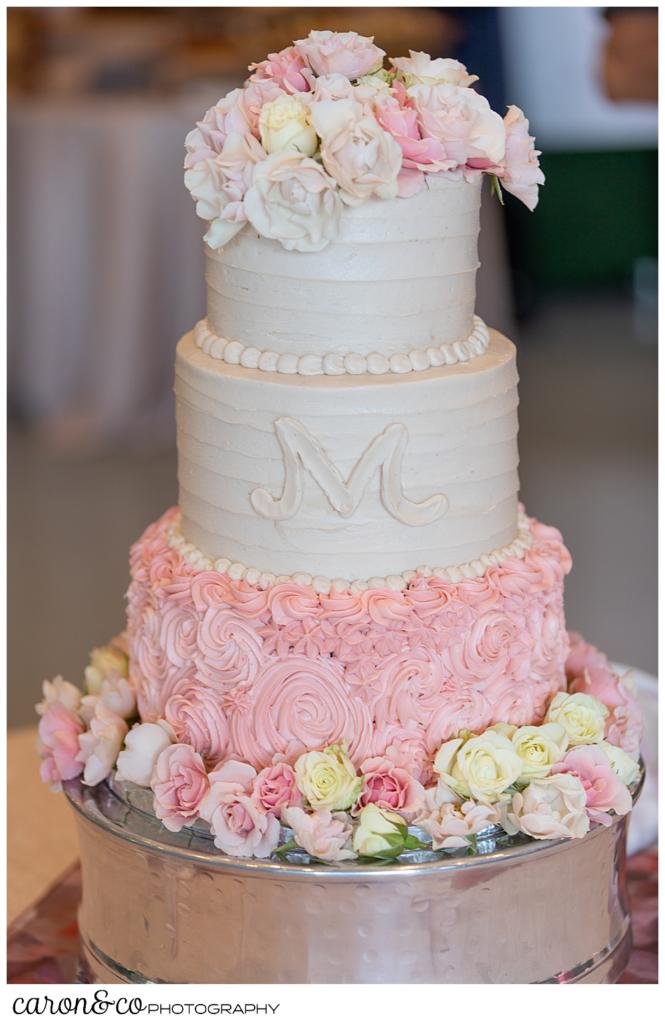 pink and white three tiered wedding cake, scarborough maine wedding