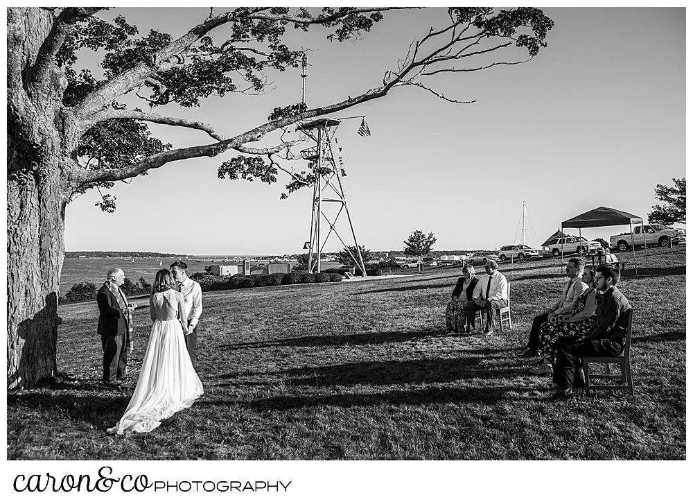 black and white photo of a sweet Portland Maine elopement on the Eastern Promenade at Fort Allen