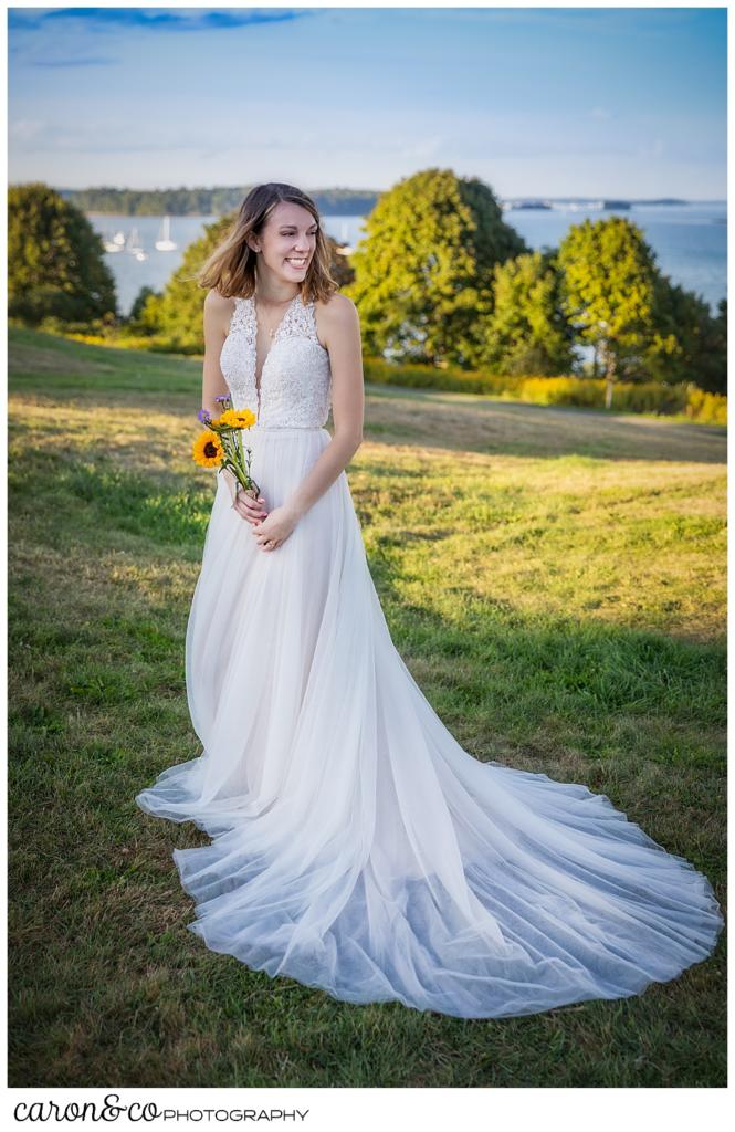 full length photo of a happy bride during her sweet Portland Maine elopement