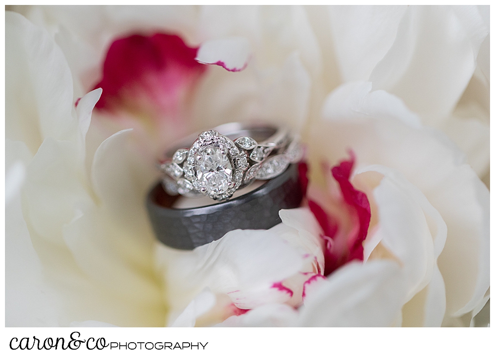 wedding bands in a white peony with touches of pink