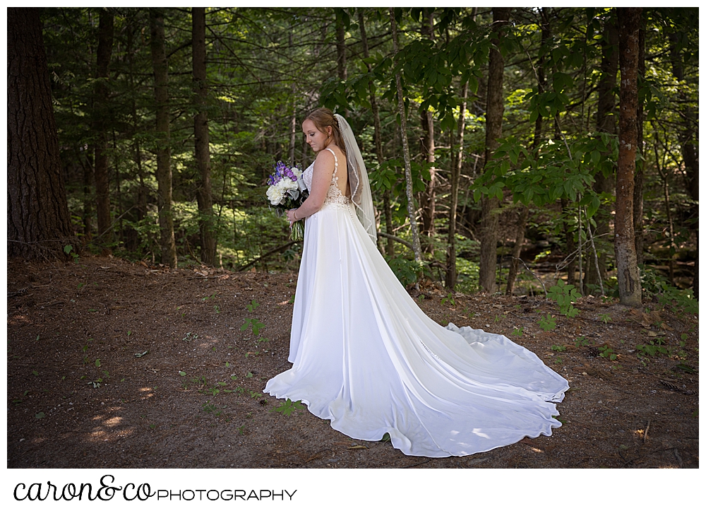 full length bridal portrait of a bride in the woods, she has a long train, and a short veil