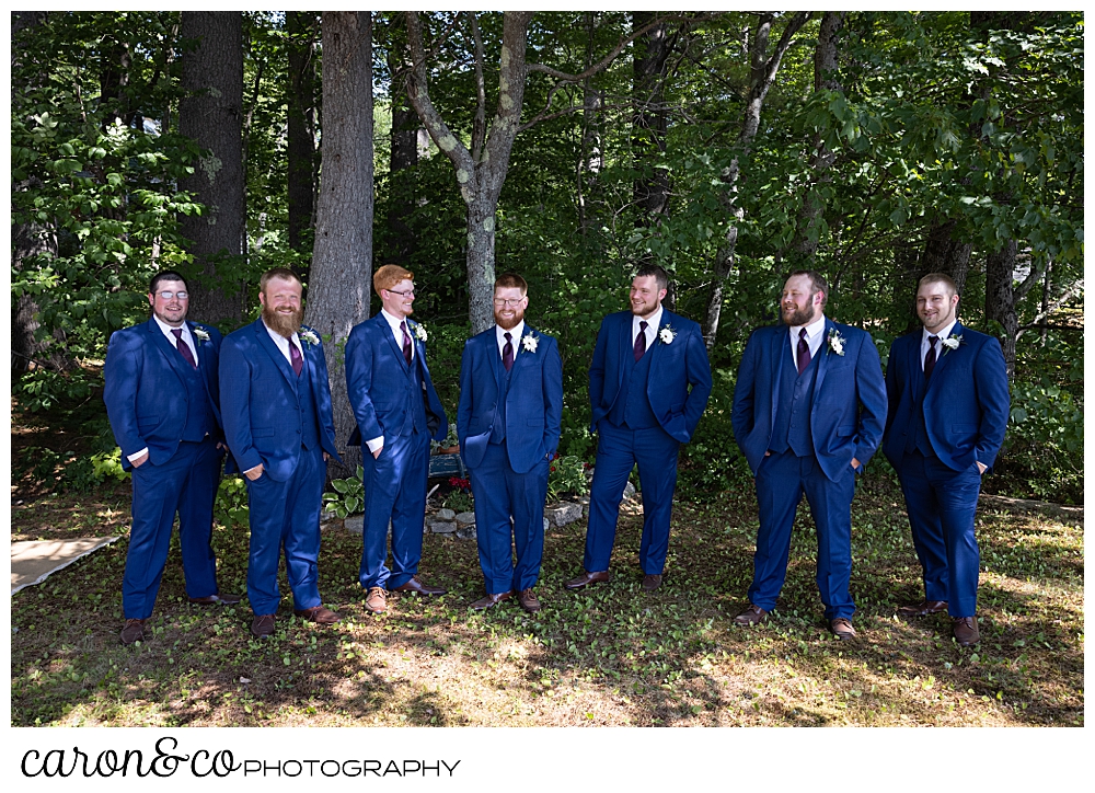 a groom and groomsmen in blue suits, standing in front of tall trees