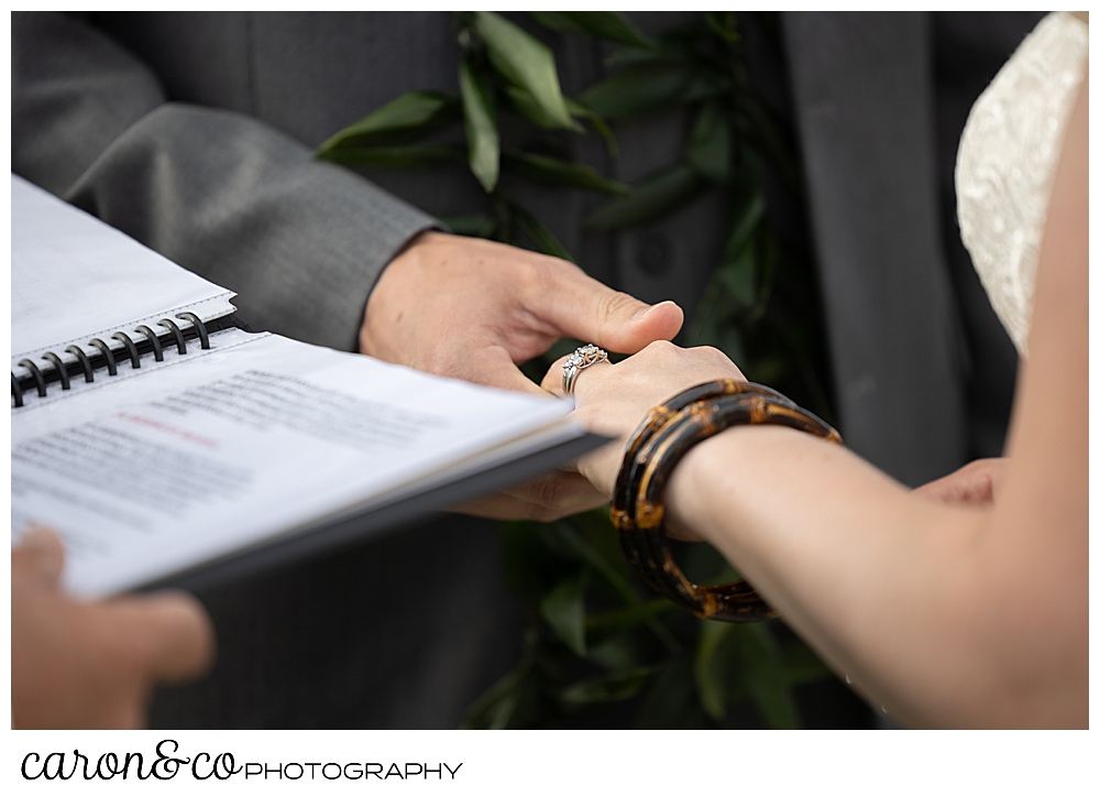 a bride and groom hold hands during their wedding ceremony