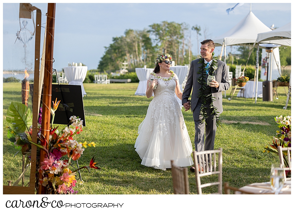 a bride and groom just before they enter their Nonantum Resort tented wedding reception, Kennebunkport, Maine