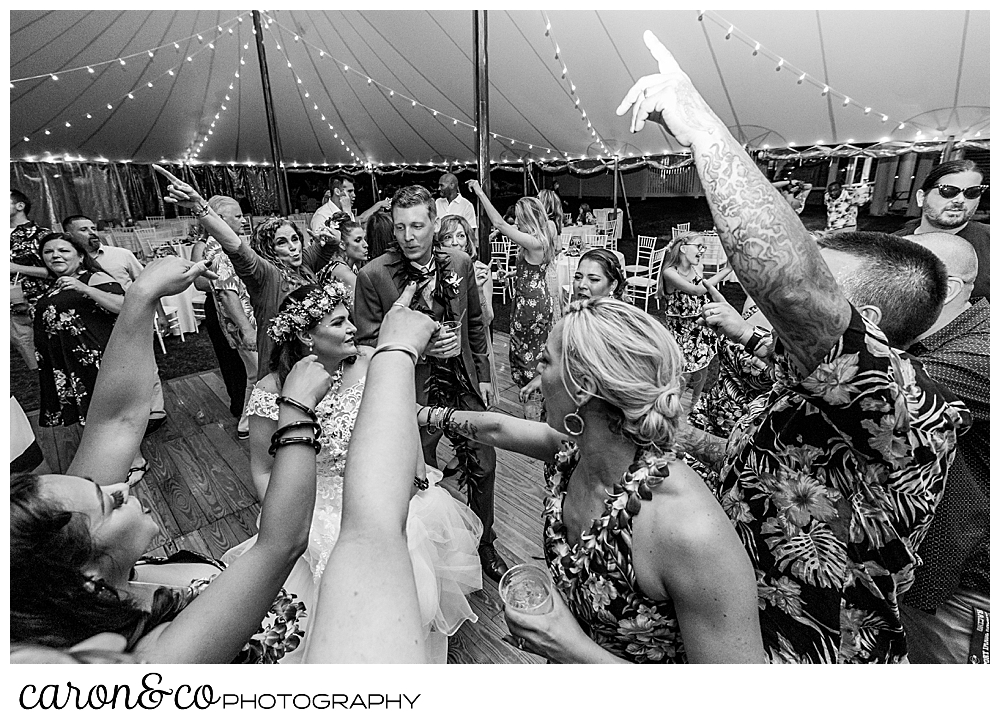 black and white dancing fun at a tented wedding at the Nonantum Resort, Kennebunkport, Maine