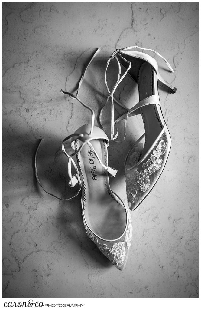 black and white photo of Bella Belle lace wedding shoes