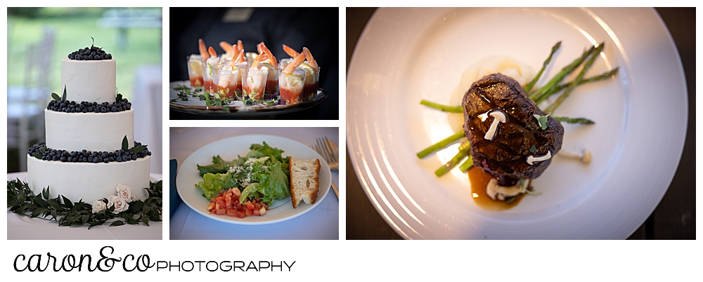 wedding food, including a three tiered wedding cake with white frosting, decorated with blueberries, by Let Them Eat Cake; and a salad; individual shrimp cocktails; and a dinner plate with beef, potatoes and asparagus by the Nonantum Resort