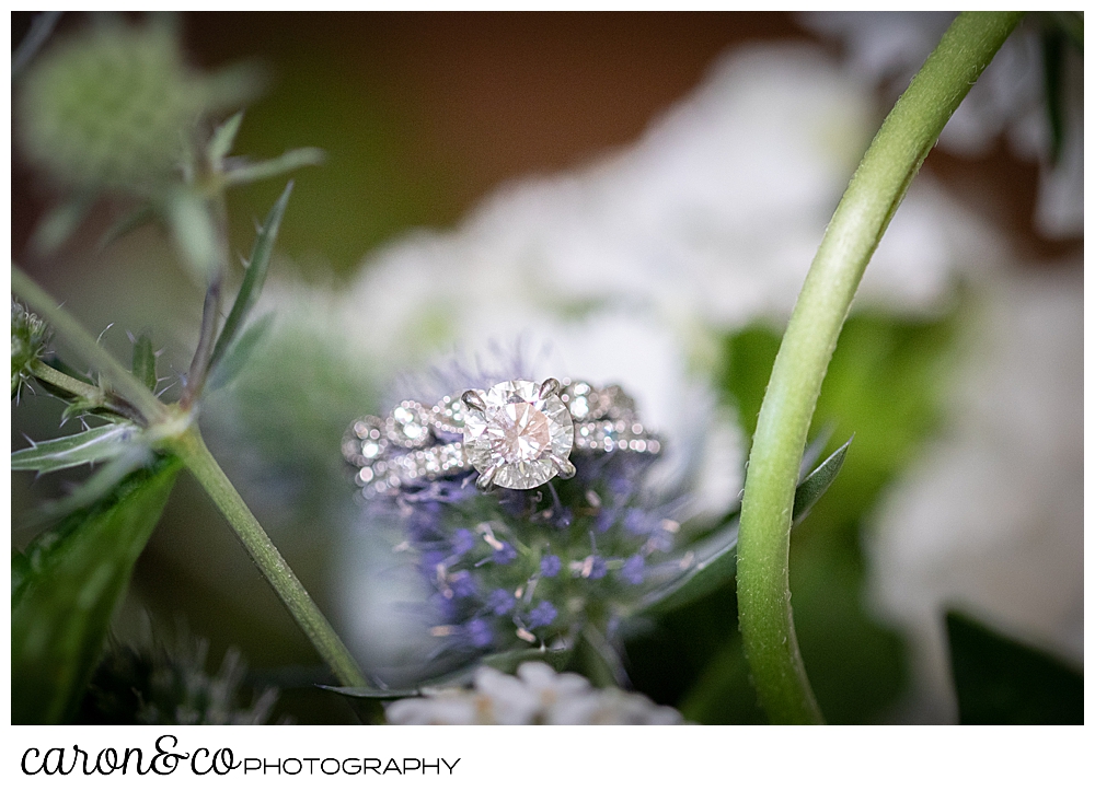 wedding ring detail set in a floral bouquet