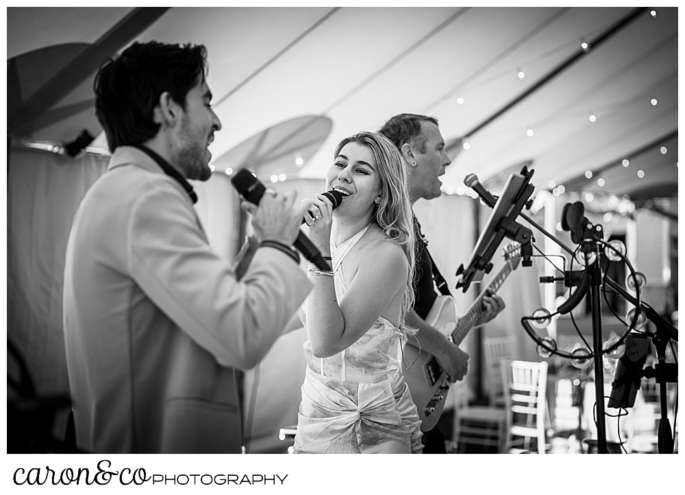 black and white photo of members of the band Cover Story Entertainment at a Nonantum Resort wedding celebration