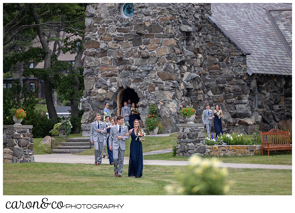 bridesmaids and groomsmen, processing from St. Ann's by-the-sea Episcopal Church, to the outdoor ceremony site