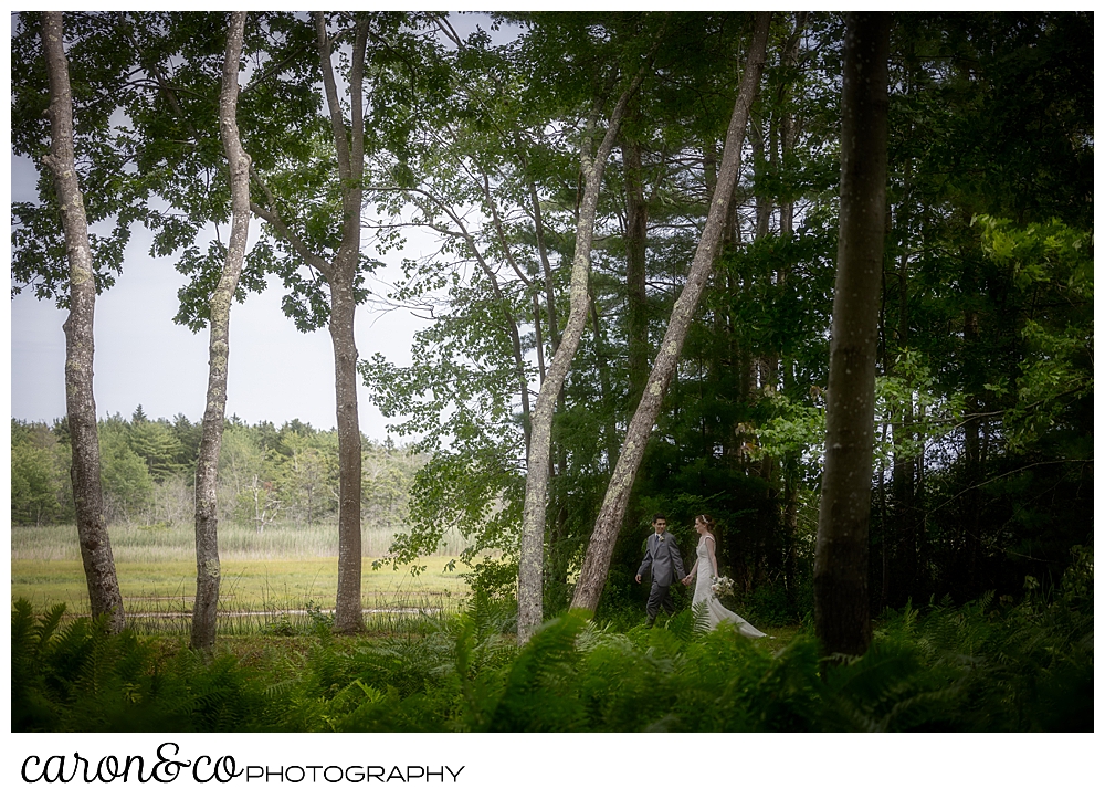 a bride and groom walk in the woods during their Kennebunk Maine wedding