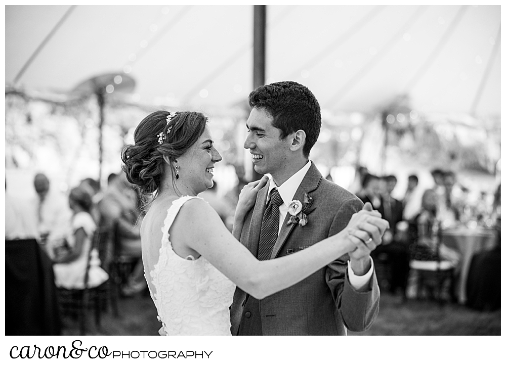 black and white photo of a bride and groom during their first dance at their Kennebunk Maine wedding reception