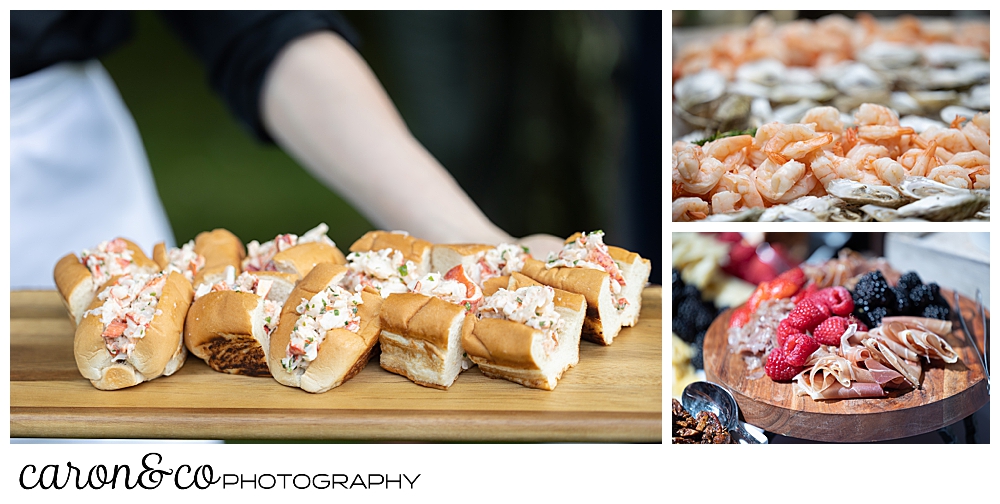 food by The White Apron catering company, lobster rolls, raw bar, and charcuterie board