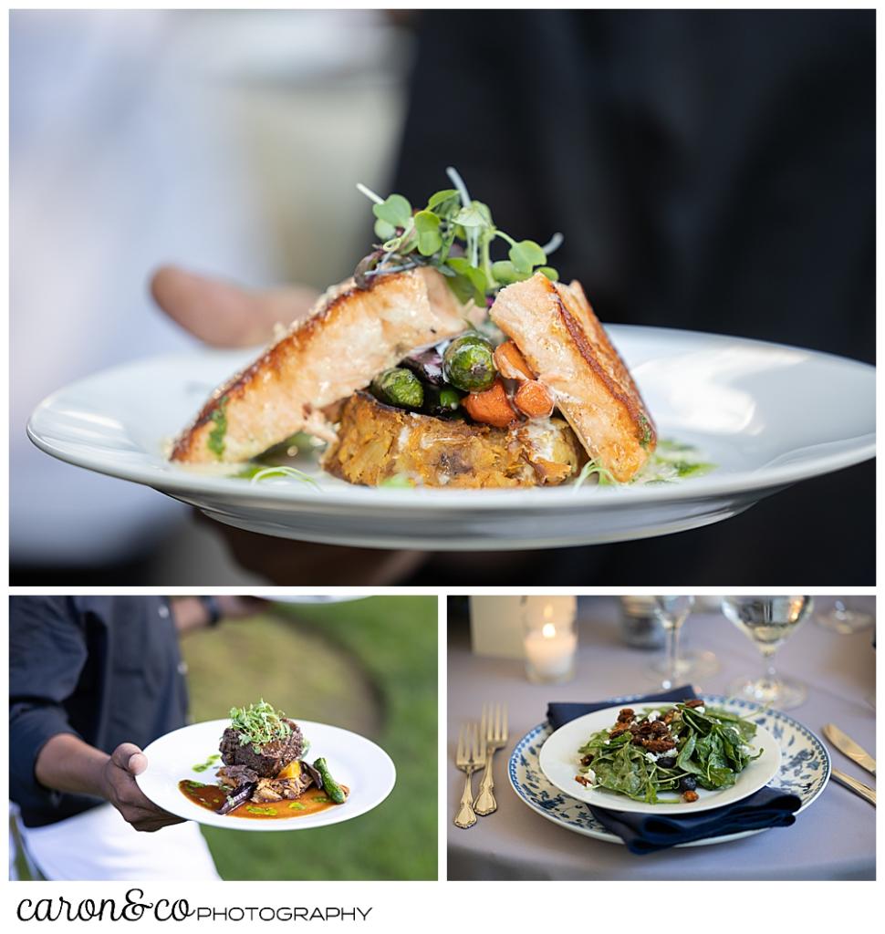 the white apron dinner options, salmon, short rib, and salad with blueberries and goat cheese