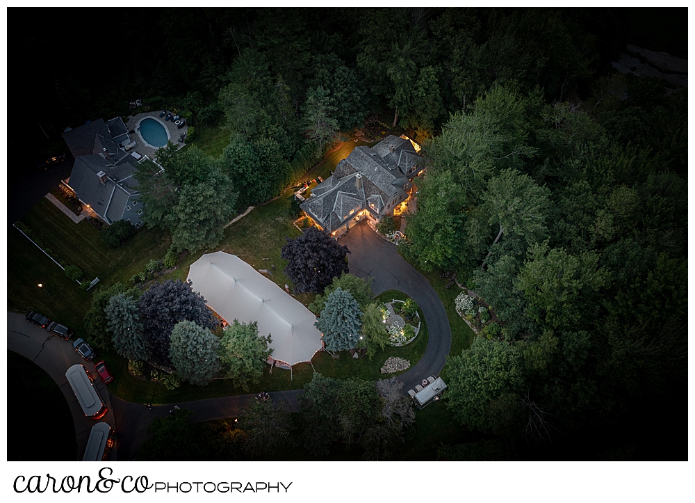 drone photo of a Sperry seacoast tent at a Kennebunk Maine wedding