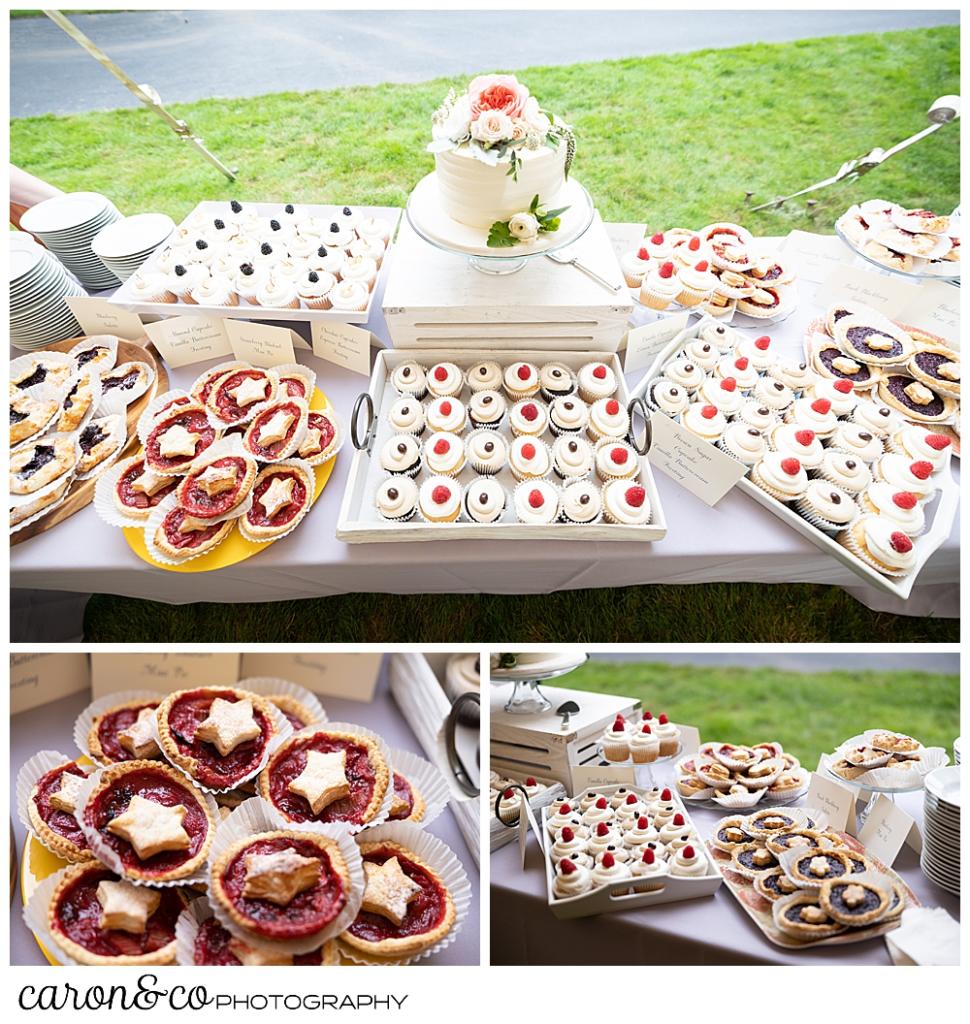 an array of desserts including a small wedding cake, pies, and cupcakes from Cakes for All Seasons