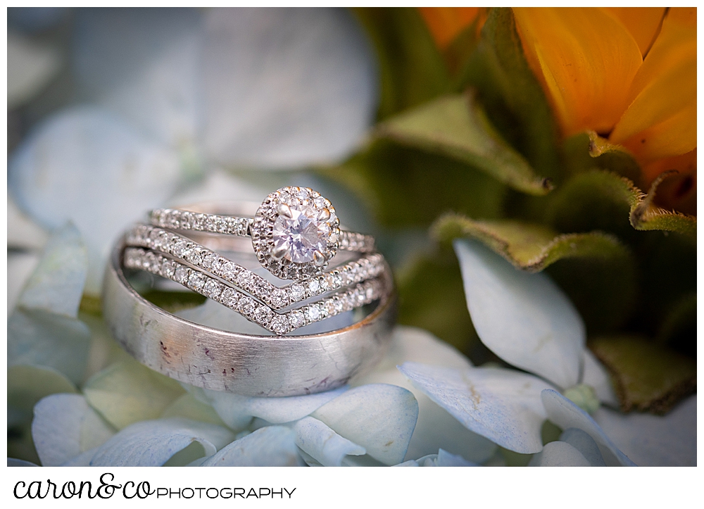 wedding ring details in platinum: diamond engagement ring, and two bridal wedding bands, one men's wedding band, set against some light blue hydrangea and yellow sun flower