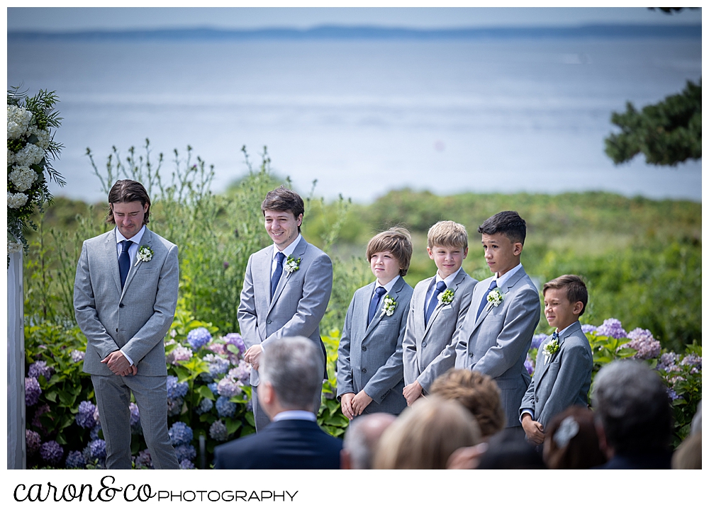 two groomsmen, 3 junior groomsmen, and a ring bearer, all wearing gray suits, stand in a line during a Kennebunkport wedding at the Colony Hotel