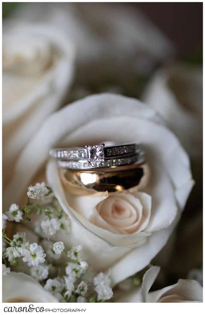 wedding ring detail in cream colored rose bouquet