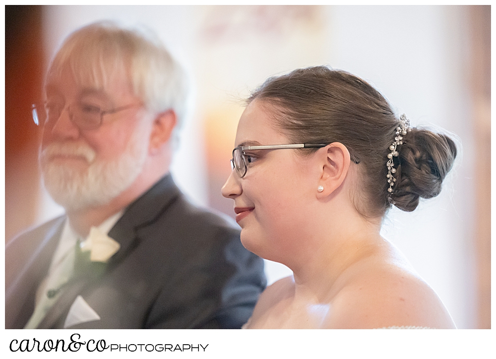 a bride stands next to her father, during a sweet western Maine wedding