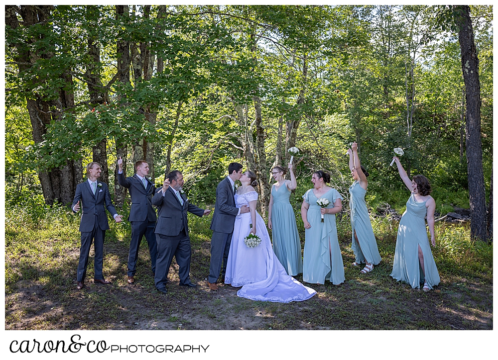 a bride and groom kiss while their bridal party cheers