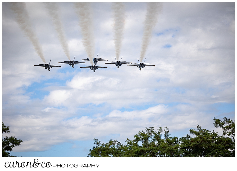 6 us navy blue angels fly overhead in Brunswick, Maine, at the Great State of Maine Airshow 2021