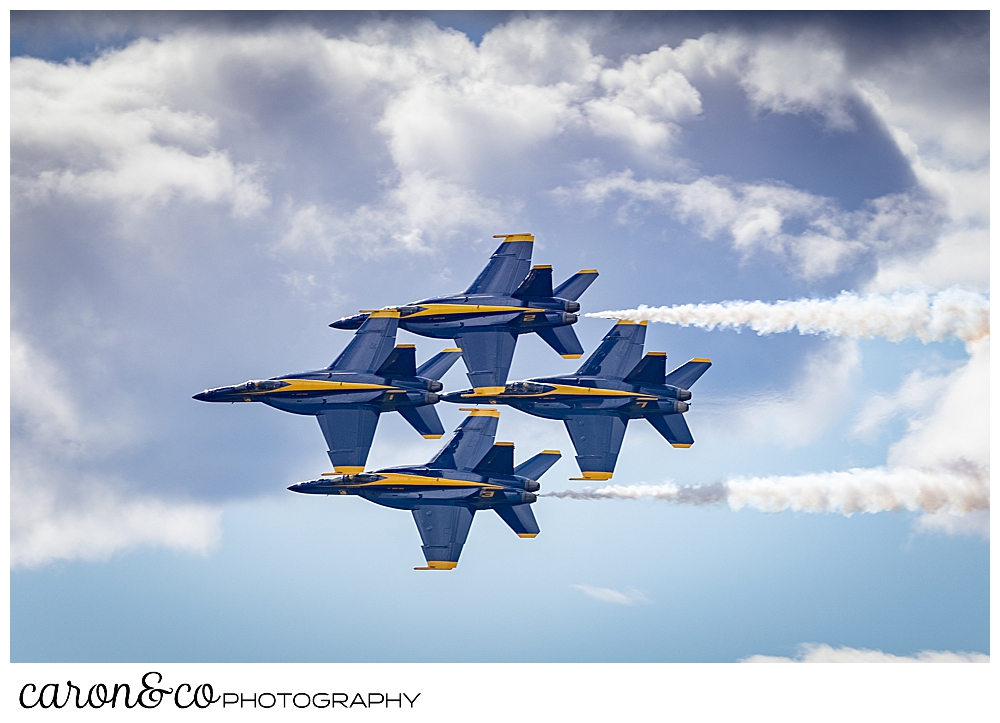 4 us navy blue angels flying in a cloudy sky over Brunswick, Maine, during the Great State of Maine Airshow 2021