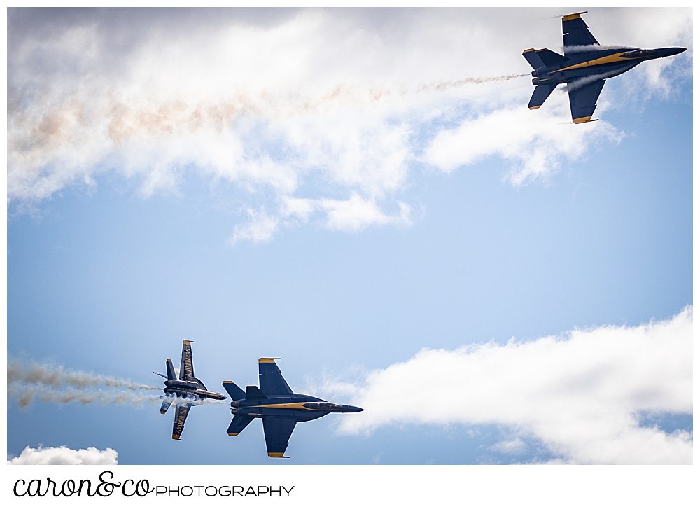 3 us navy blue angels during a flight maneuver over Brunswick Maine