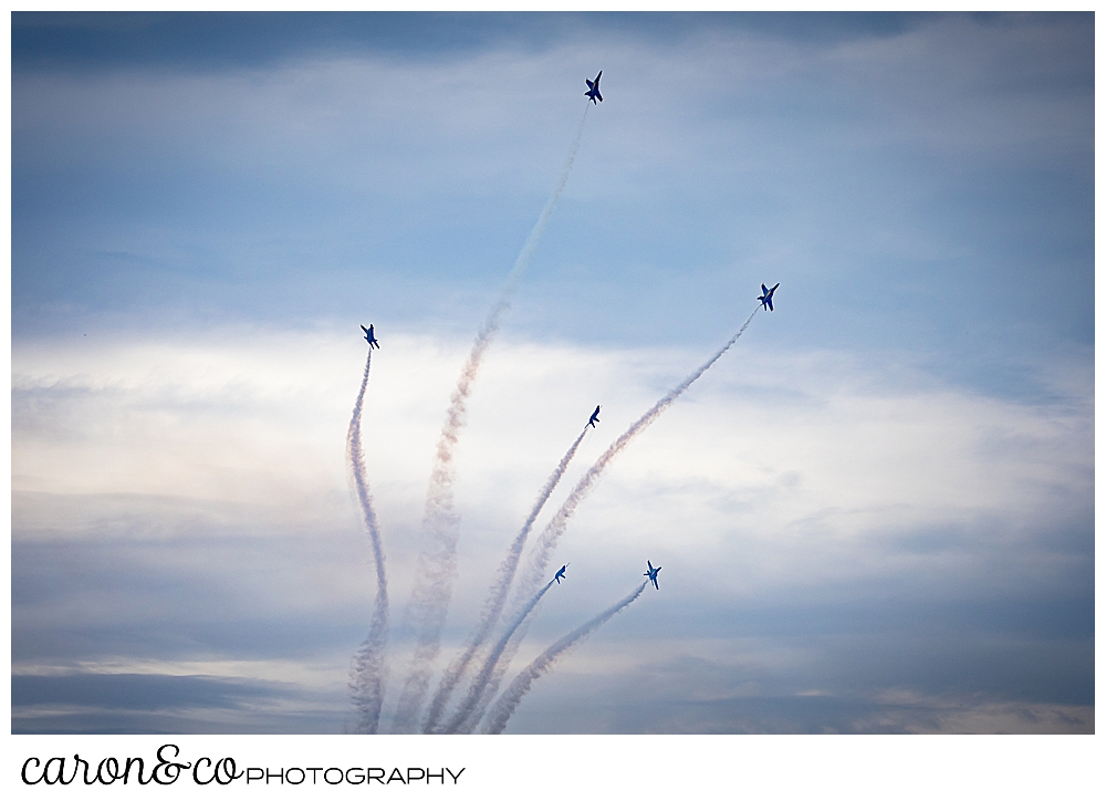 us navy blue angels make 6 contrails as they fly over Brunswick, Maine