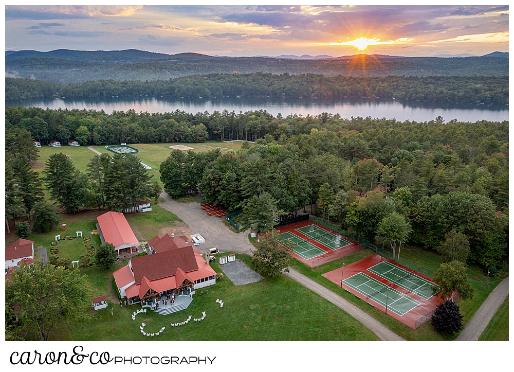 a drone photo of camp skylemar at sunset in late summer 2021