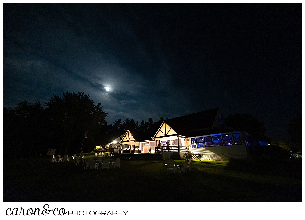 The Main Lodge at Camp Skylemar, after dark at the end of the summer 2021