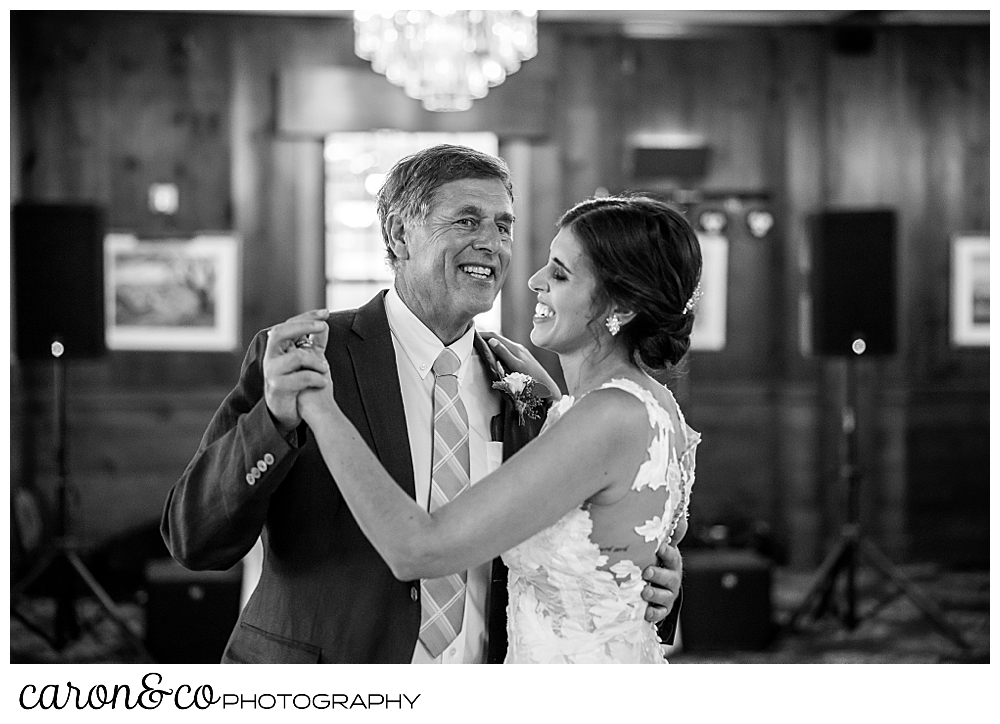 black and white photo of a bride dancing with her father at a coastal Maine wedding at the Colony Hotel Kennebunkport, Maine