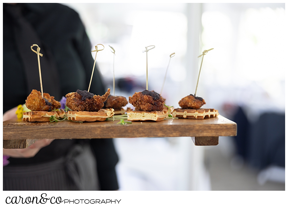 chicken and waffles appetizer by The Black Tie Company, for a joyful Pineland Farms wedding reception