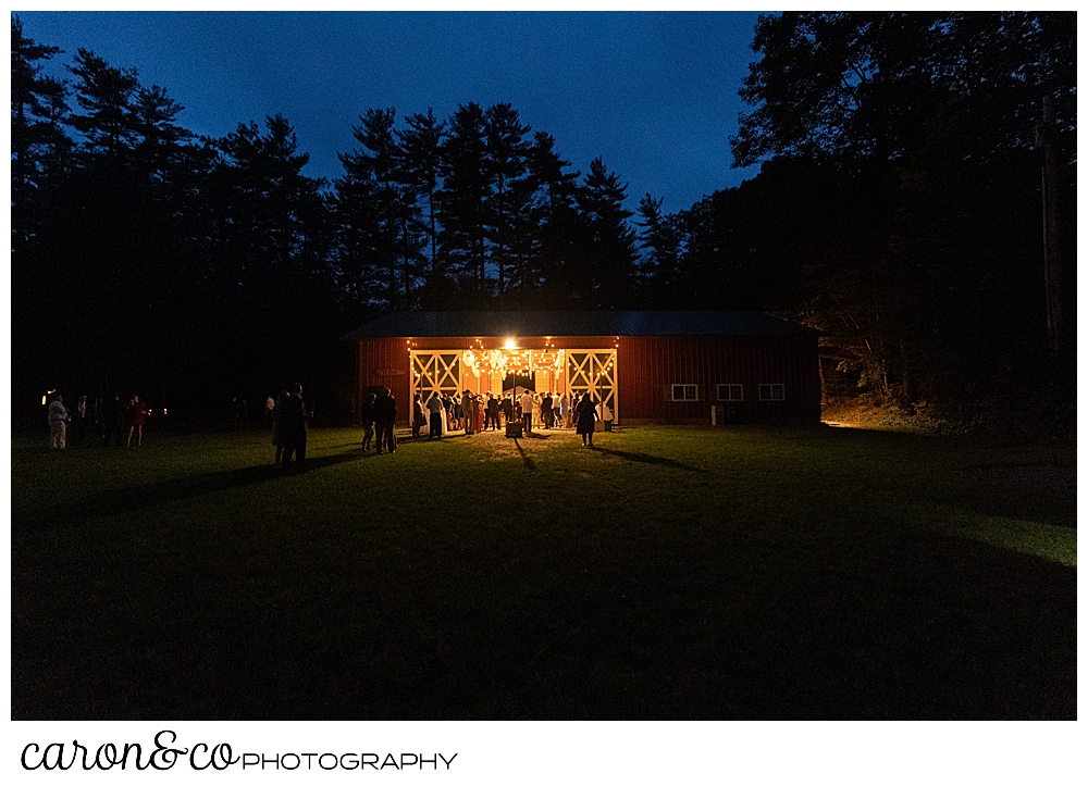 a nighttime photo of the barn at Kingsley Pines, Raymond, Maine