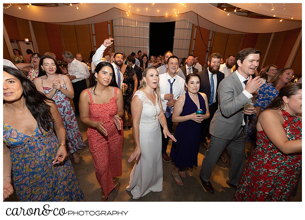 a bride and groom cheer while watching the band, behind the photographer, onstage