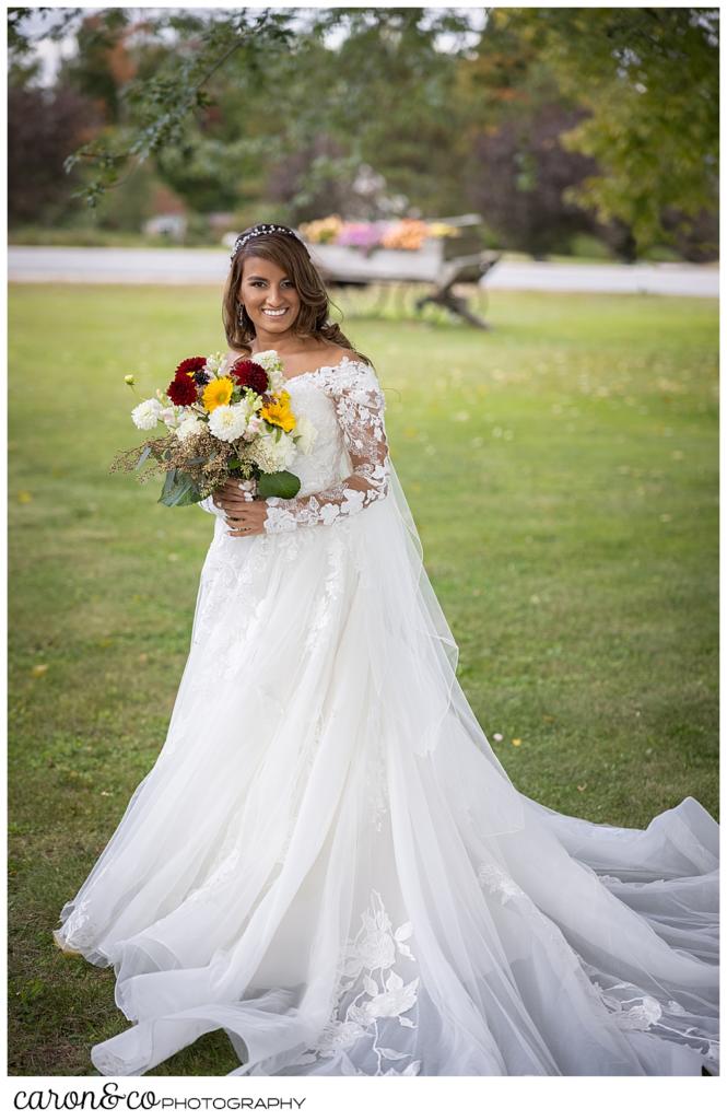 full length bridal portrait of a gorgeous brunette, brown-eyed bride