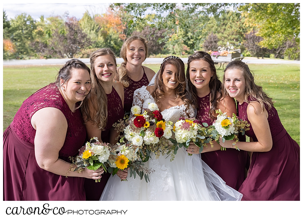 a bride wearing a white bridal gown, is surrounded by her bridesmaids wearing cranberry red dresses