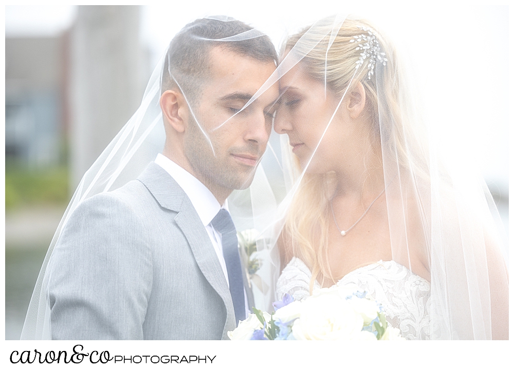 a bride and groom snuggling under the bride's veil at a breakwater inn Kennebunkport wedding