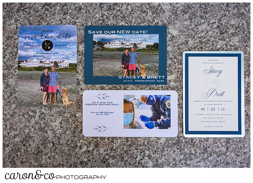 three save the dates, with different dates, and one wedding invitation to a Kennebunkport Maine wedding