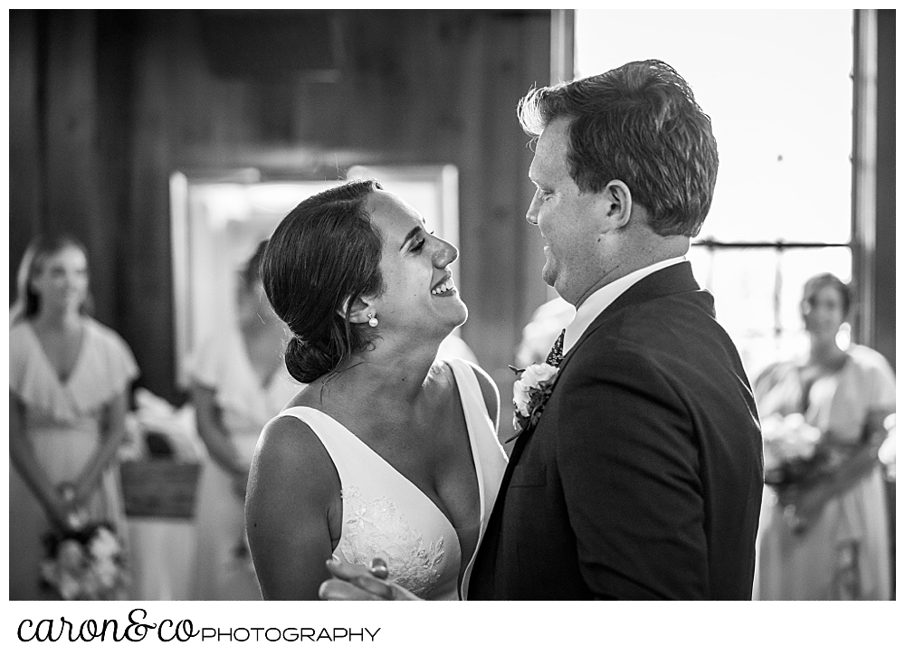 black and white photo of a bride and groom dancing during their Kennebunkport Maine wedding
