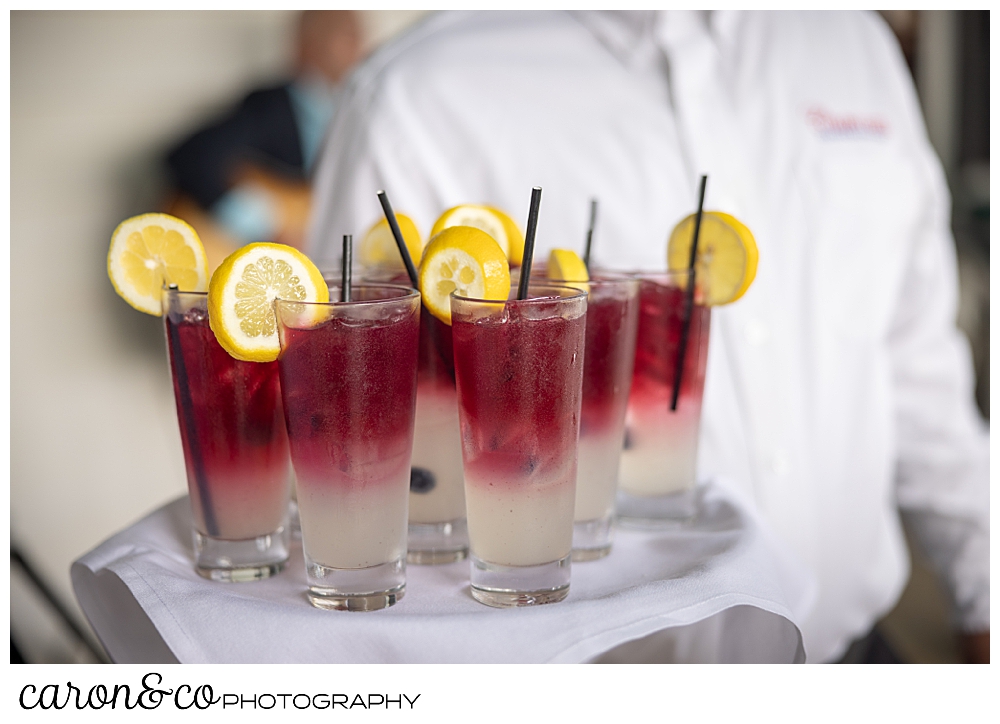 colorful beverages at the cocktail hour at a colony hotel wedding reception