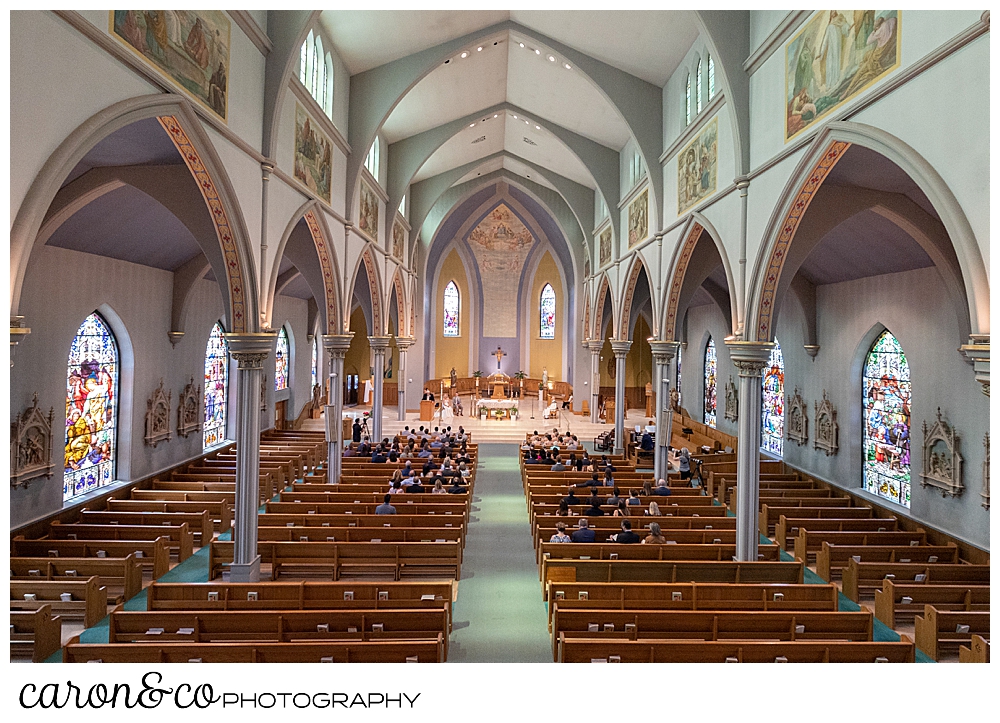 a wide view of St. Joseph's Church, Biddeford, Maine, during a Maine wedding ceremony